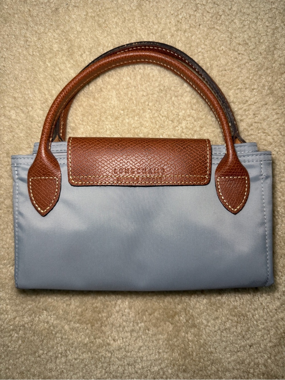 Longchamp Le Pliage Women's Tote Bag in Light Blue with Brown Trim - Picture 10 of 12